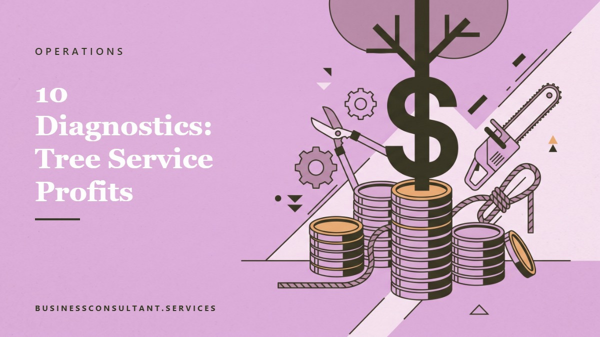 Social card for businessconsultant.services: "10 Diagnostics: Tree Service Profits", flat-design graphic, split layout, slate palette, dollar motif.