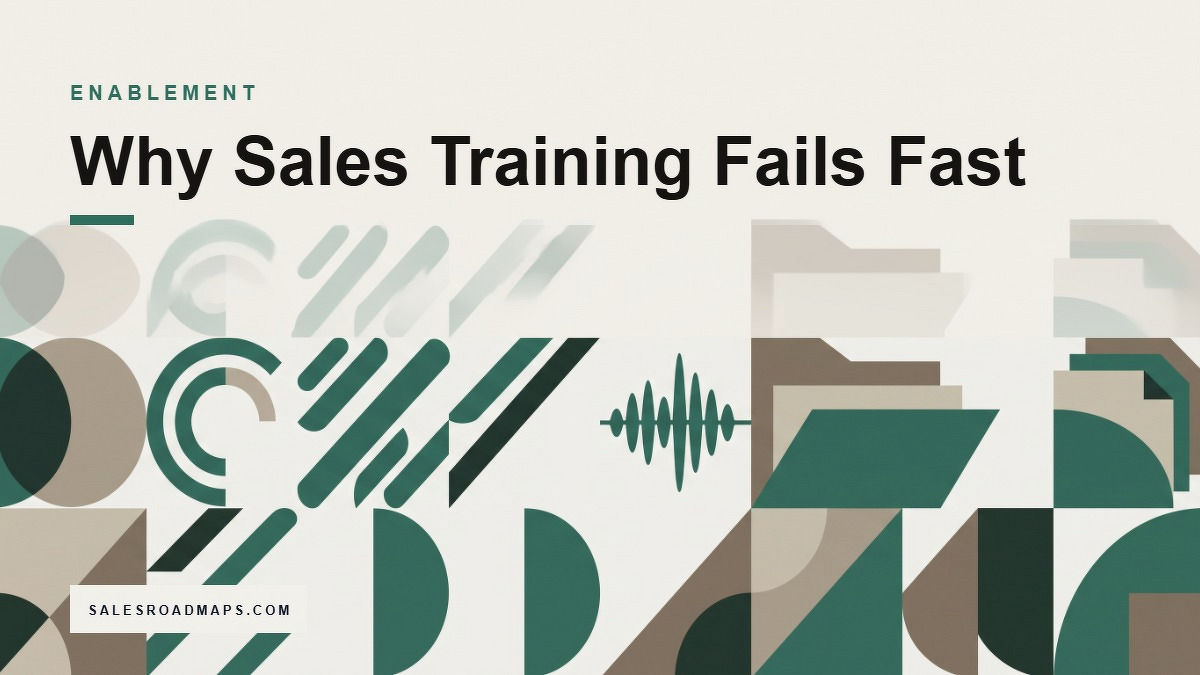 Social card for salesroadmaps.com: "Why Sales Training Fails Fast", flat-design graphic, split layout, cobalt palette, chart motif.