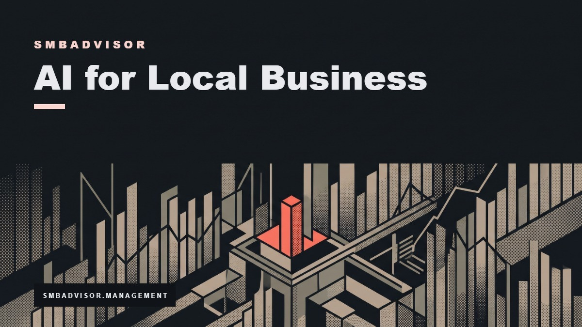 Social card for smbadvisor.management: "AI for Local Business", flat-design graphic, diagonal layout, chart motif.