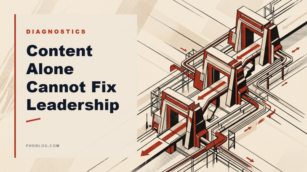 Social card for phdblog.com: "Content Alone Cannot Fix Leadership", flat-design graphic, slab layout, plum palette, roadmap motif.