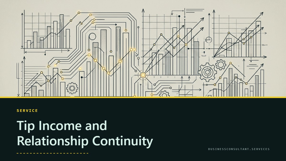 Social card for businessconsultant.services: "Tip Income and Relationship Continuity", flat-design graphic, split layout, plum palette, chart motif.