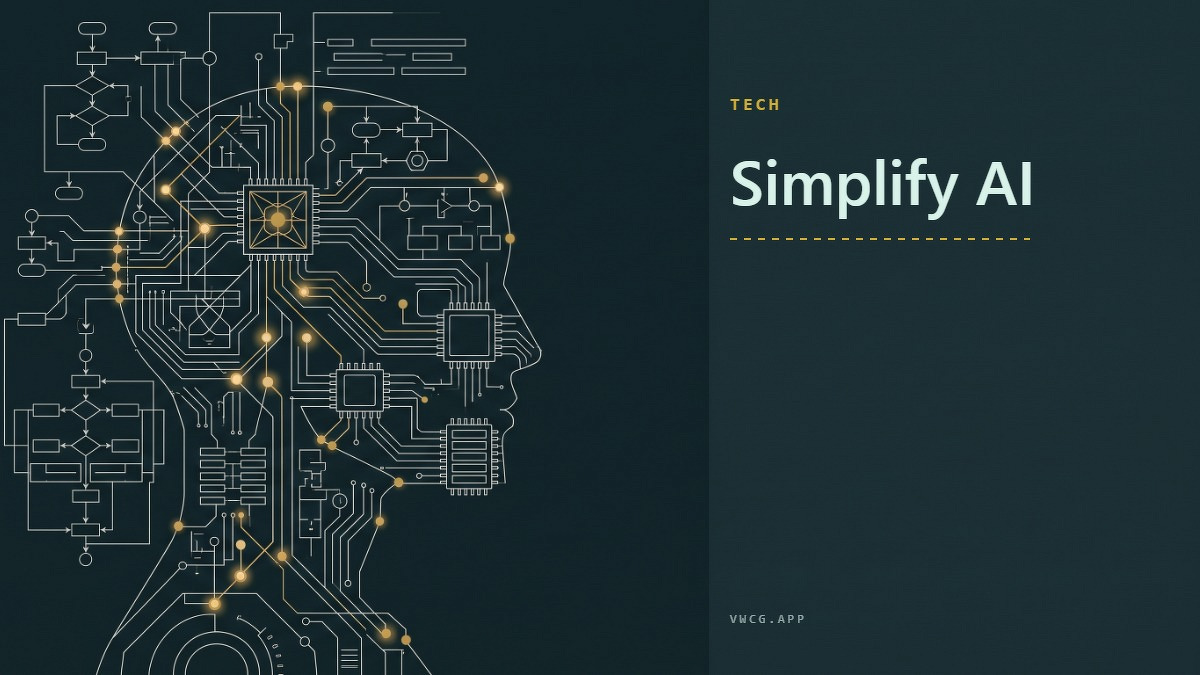 Social card for vwcg.app: "Simplify AI", flat-design graphic, slab layout, paper palette, gear motif.