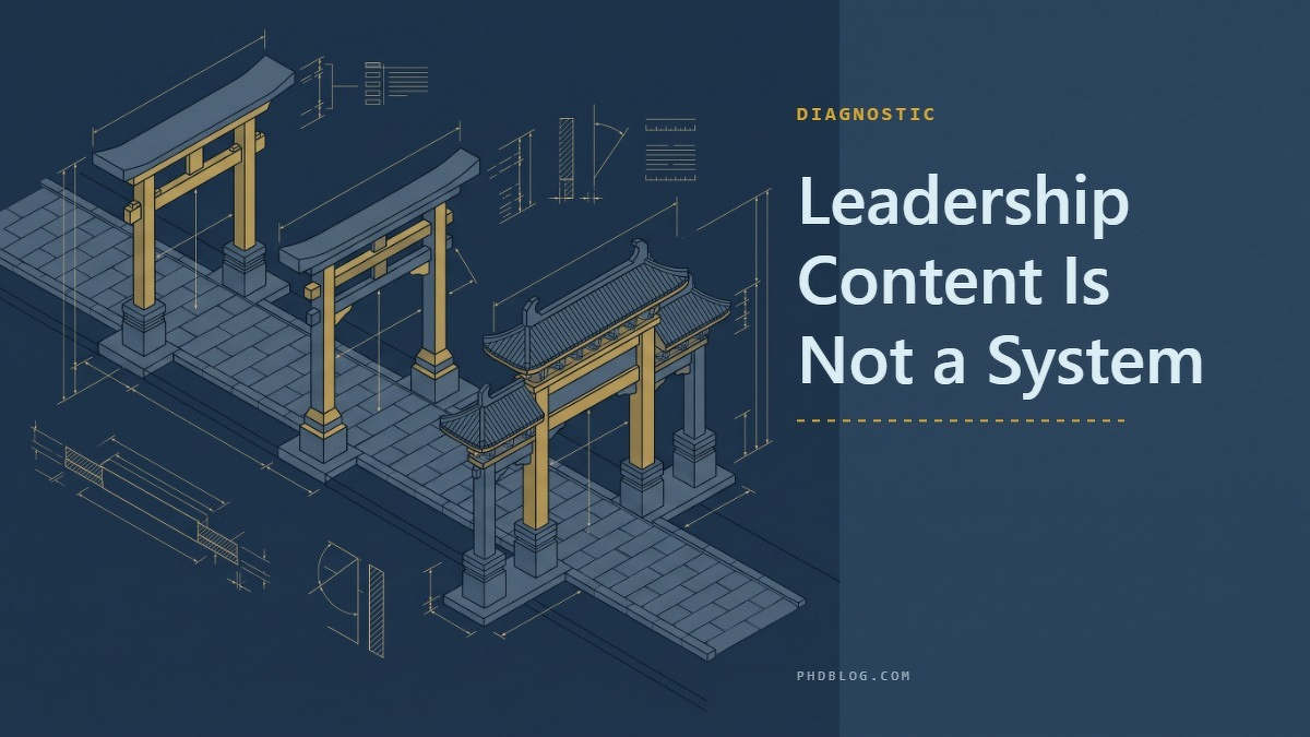 Social card for phdblog.com: "Leadership Content Is Not a System", flat-design graphic, slab layout, plum palette, roadmap motif.
