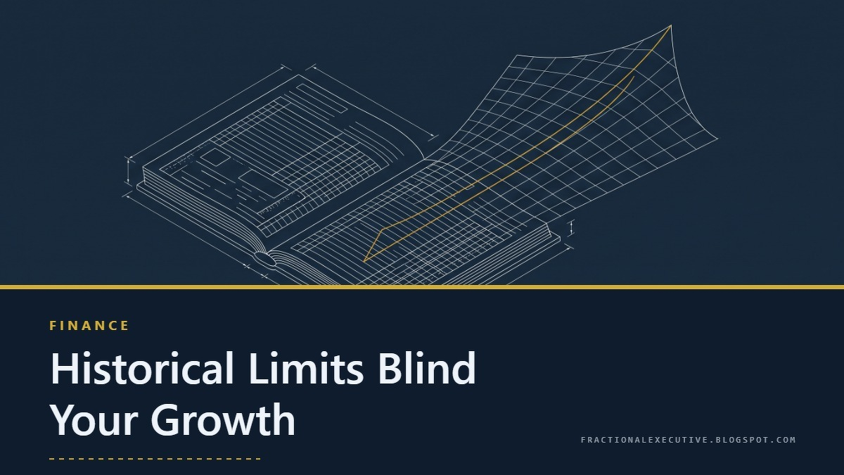 Social card for fractionalexecutive.blogspot.com: "Historical Limits Blind Your Growth", flat-design graphic, split layout, chart motif.
