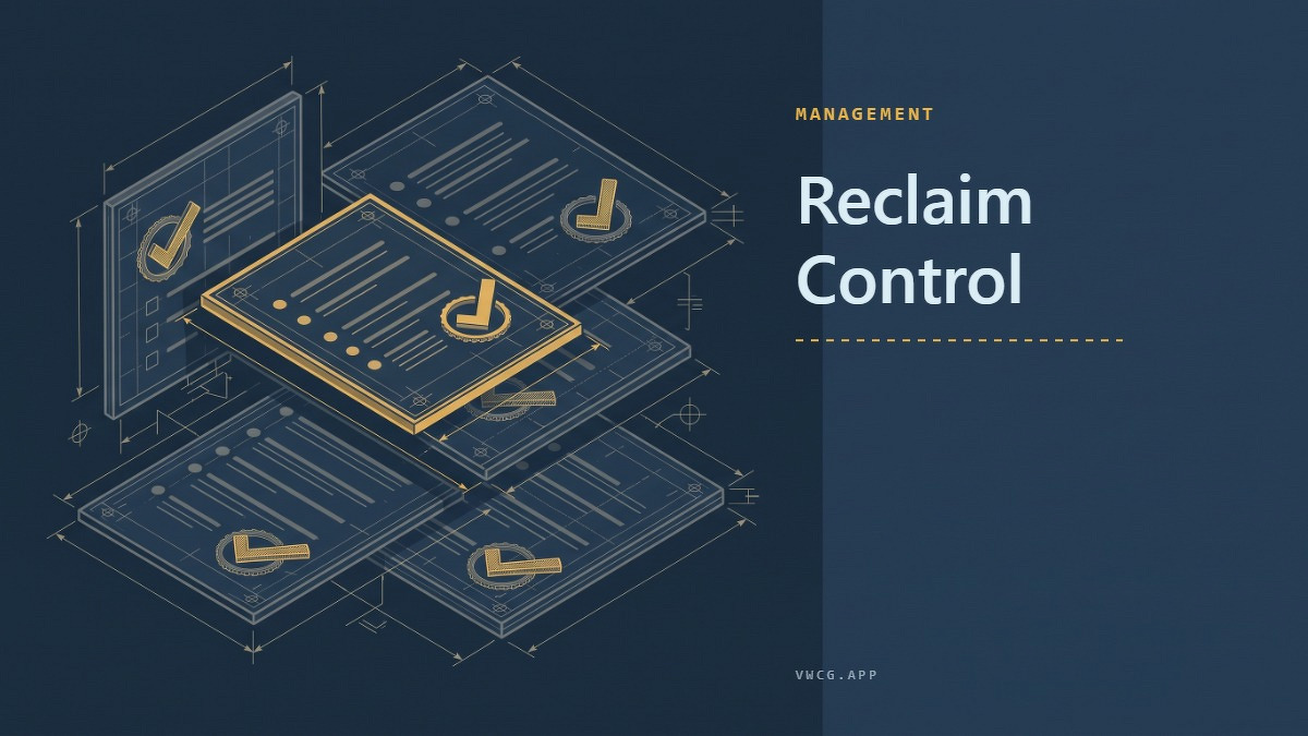 Social card for vwcg.app: "Reclaim Control", flat-design graphic, split layout, cobalt palette, checklist motif.
