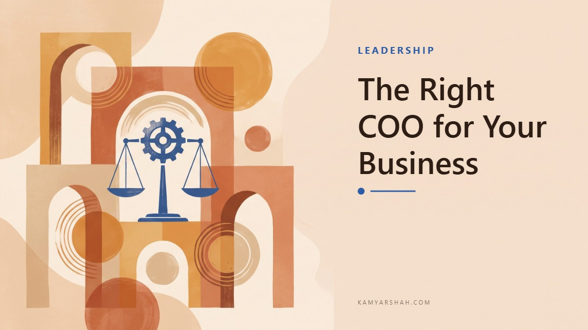 Social card for kamyarshah.com: "The Right COO for Your Business", flat-design graphic, split layout, oxblood palette, gear motif.