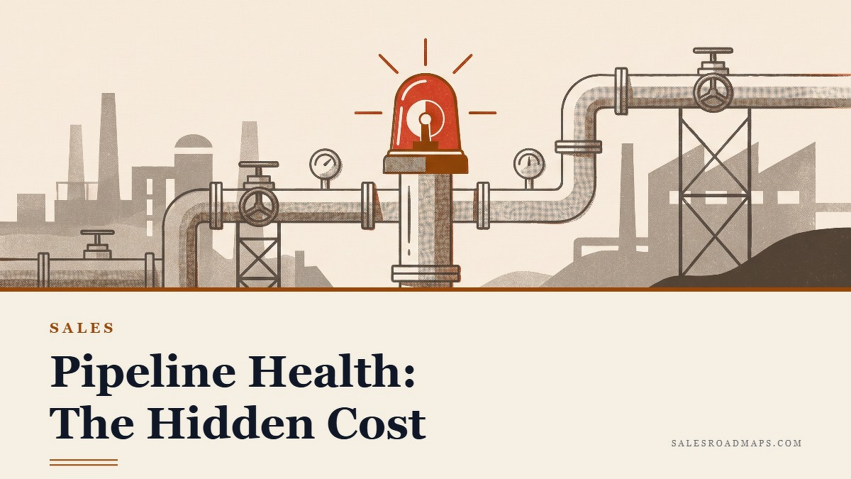 Social card for salesroadmaps.com: "Pipeline Health: The Hidden Cost", flat-design graphic, split layout, ink palette, warning motif.