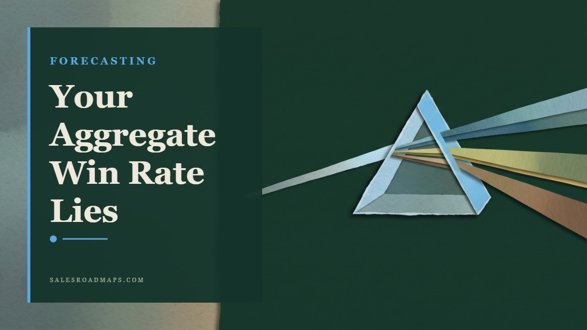 Social card for salesroadmaps.com: "Your Aggregate Win Rate Lies", flat-design graphic, split layout, forest palette, chart motif.