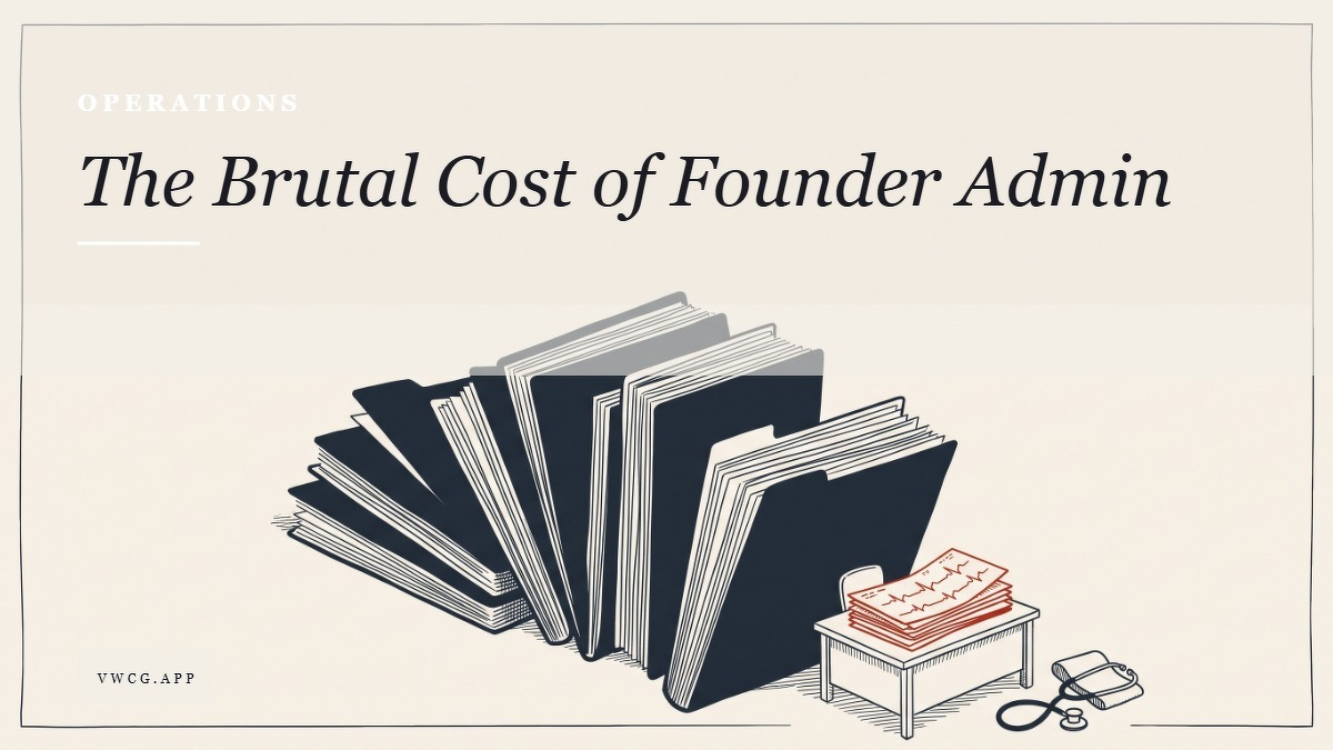 Social card for vwcg.app: "The Brutal Cost of Founder Admin", flat-design graphic, split layout, teal palette, warning motif.