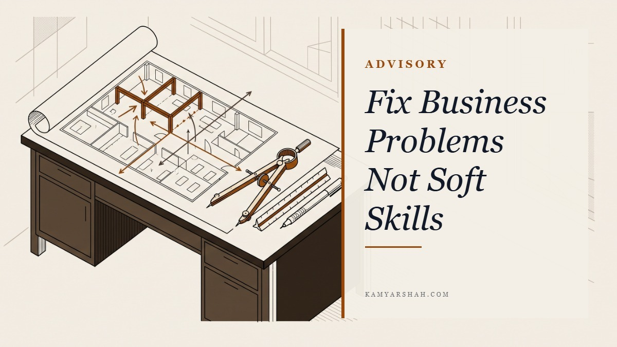 Social card for kamyarshah.com: "Fix Business Problems Not Soft Skills", flat-design graphic, split layout, plum palette, roadmap motif.