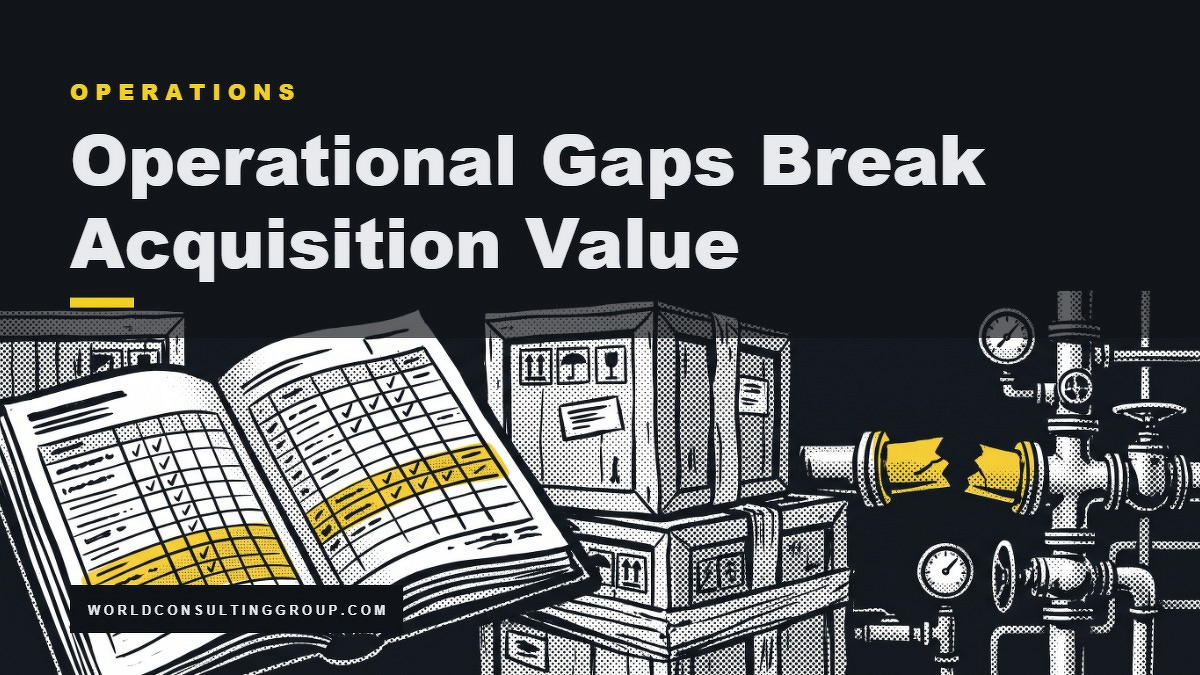 Social card for worldconsultinggroup.com: "Operational Gaps Break Acquisition Value", flat-design graphic, split layout, cobalt palette, checklist motif.