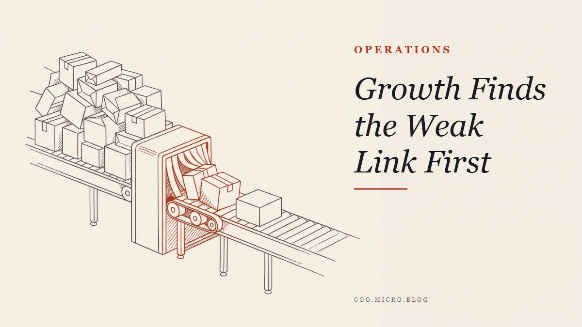 Social card for coo.micro.blog: "Growth Finds the Weak Link First", flat-design graphic, diagonal layout, oxblood palette, warning motif.