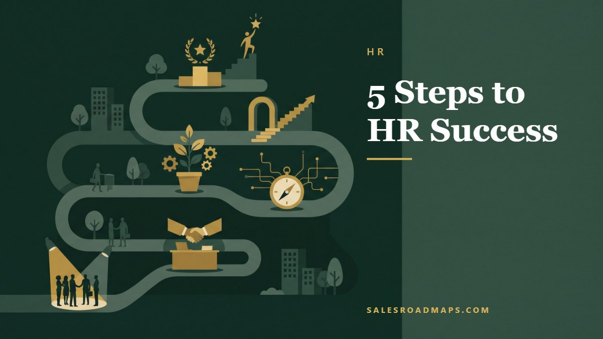 Social card for salesroadmaps.com: "5 Steps to HR Success", flat-design graphic, split layout, forest palette, roadmap motif.