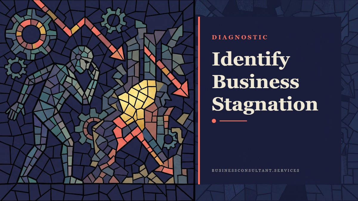 Social card for businessconsultant.services: "Identify Business Stagnation", flat-design graphic, split layout, forest palette, chart motif.