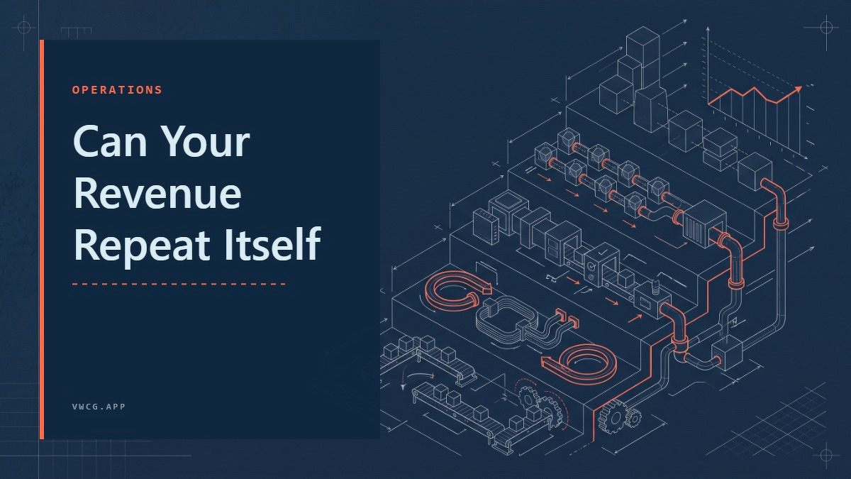 Social card for vwcg.app: "Can Your Revenue Repeat Itself", flat-design graphic, split layout, slate palette, roadmap motif.