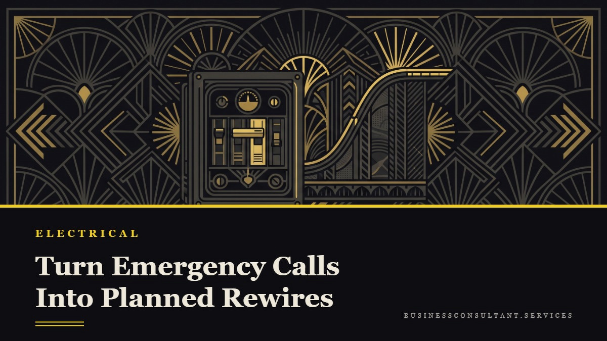 Social card for businessconsultant.services: "Turn Emergency Calls Into Planned Rewires", flat-design graphic, split layout, plum palette, chart motif.