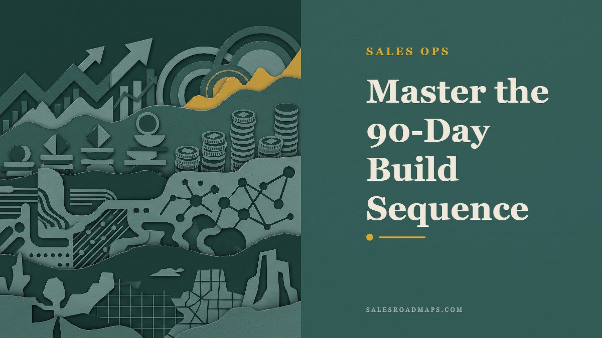 Social card for salesroadmaps.com: "Master the 90-Day Build Sequence", flat-design graphic, split layout, ink palette, roadmap motif.