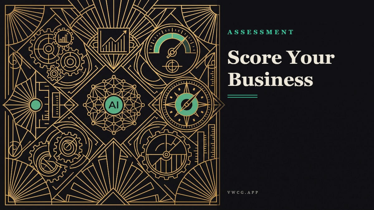 Social card for vwcg.app: "Score Your Business", flat-design graphic, split layout, ink palette, chart motif.