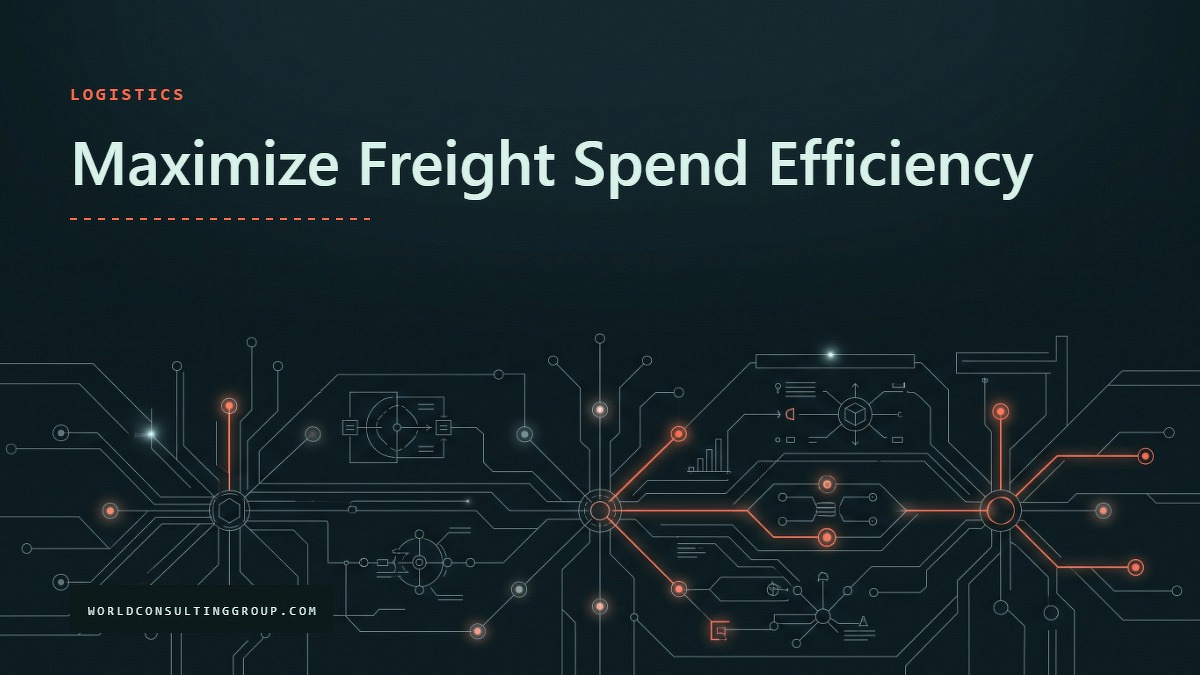 Social card for worldconsultinggroup.com: "Maximize Freight Spend Efficiency", flat-design graphic, slab layout, teal palette, dollar motif.