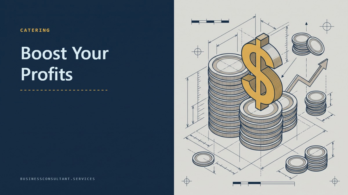 Social card for businessconsultant.services: "Boost Your Profits", flat-design graphic, split layout, plum palette, dollar motif.
