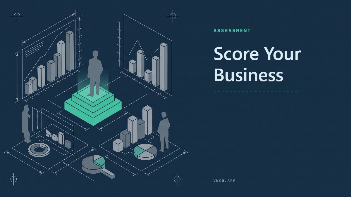 Social card for vwcg.app: "Score Your Business", flat-design graphic, split layout, ink palette, chart motif.