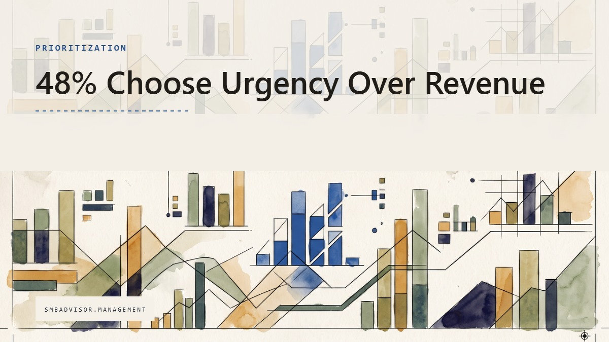 Social card for smbadvisor.management: "48% Choose Urgency Over Revenue", flat-design graphic, split layout, ink palette, chart motif.