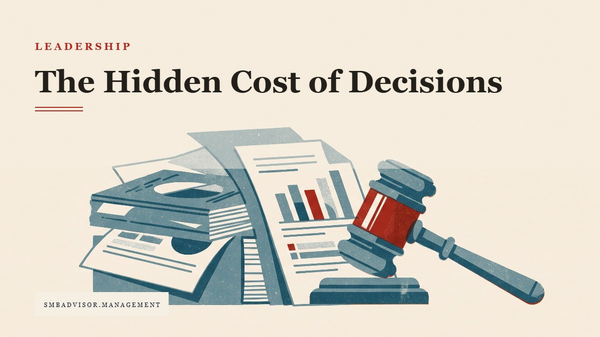 Social card for smbadvisor.management: "The Hidden Cost of Decisions", flat-design graphic, slab layout, slate palette, warning motif.