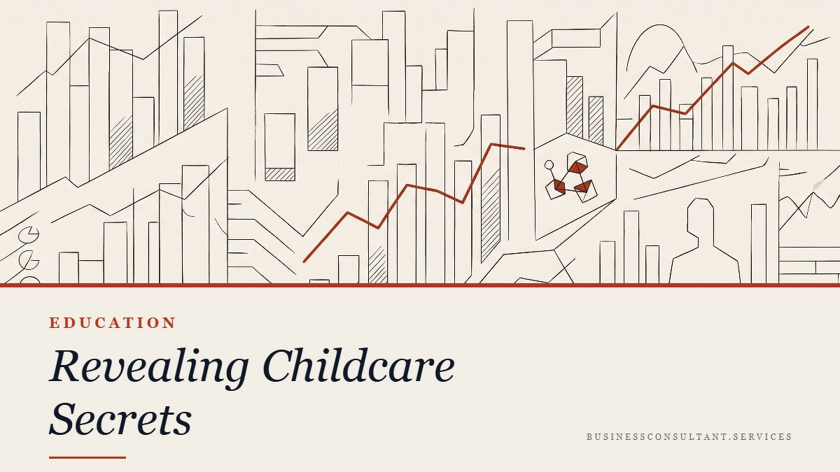 Social card for businessconsultant.services: "Revealing Childcare Secrets", flat-design graphic, split layout, paper palette, chart motif.