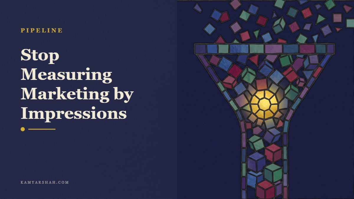 Social card for kamyarshah.com: "Stop Measuring Marketing by Impressions", flat-design graphic, split layout, ink palette, chart motif.