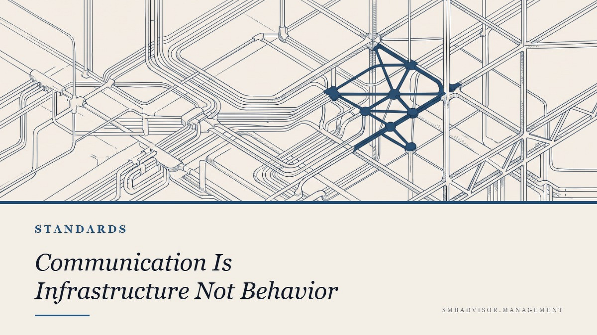 Social card for smbadvisor.management: "Communication Is Infrastructure Not Behavior", flat-design graphic, split layout, plum palette, roadmap motif.