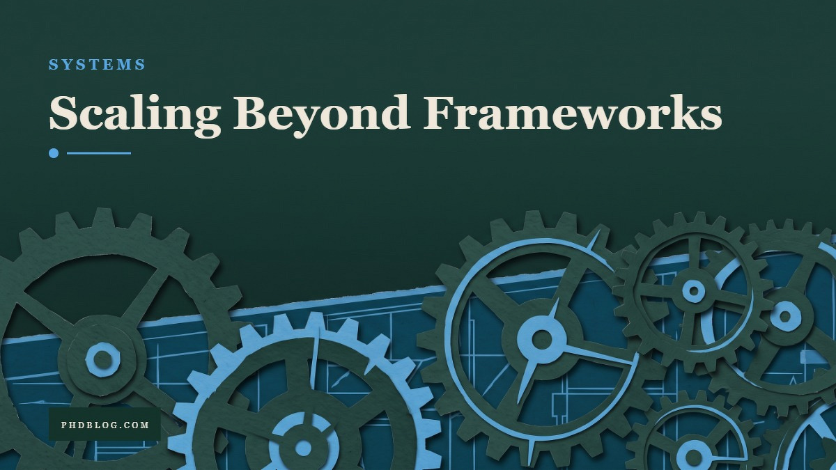 Social card for phdblog.com: "Scaling Beyond Frameworks", flat-design graphic, slab layout, forest palette, roadmap motif.