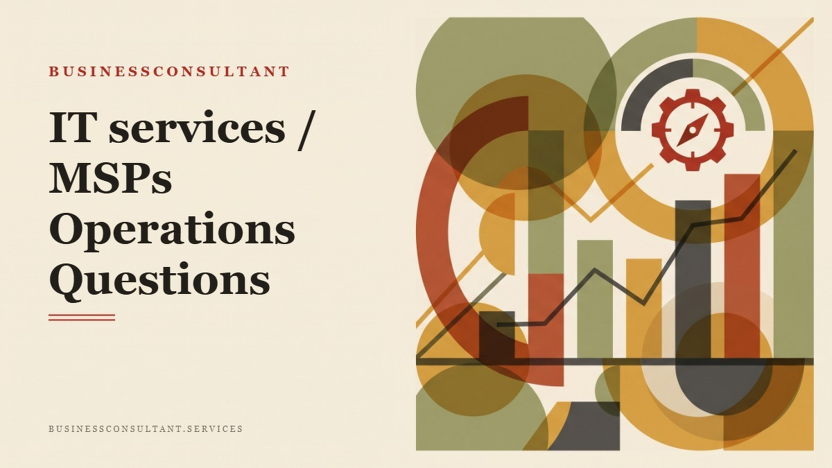 Social card for businessconsultant.services: "IT services / MSPs Operations Questions", flat-design graphic, slab layout, chart motif.