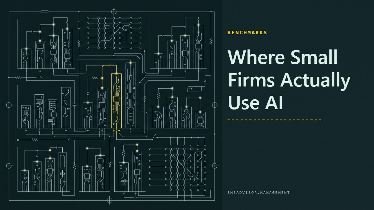 Social card for smbadvisor.management: "Where Small Firms Actually Use AI", flat-design graphic, split layout, oxblood palette, chart motif.