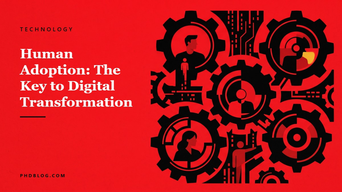 Social card for phdblog.com: "Human Adoption: The Key to Digital Transformation", flat-design graphic, split layout, teal palette, gear motif.
