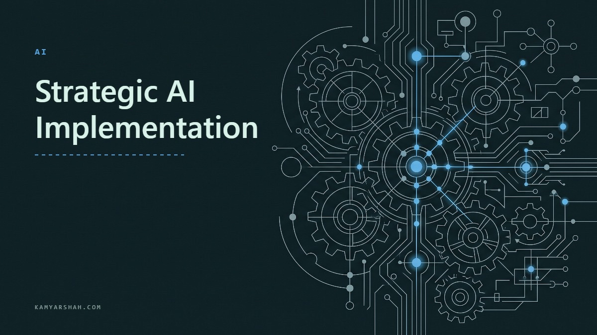 Social card for kamyarshah.com: "Strategic AI Implementation", flat-design graphic, slab layout, teal palette, roadmap motif.