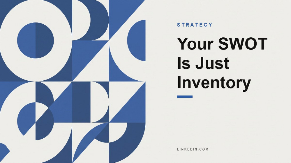 Social card for linkedin.com: "Your SWOT Is Just Inventory", flat-design graphic, slab layout, plum palette, chart motif.