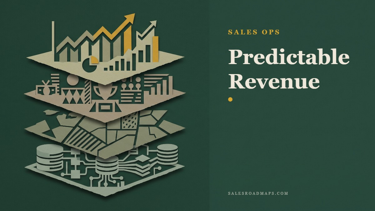 Social card for salesroadmaps.com: "Predictable Revenue", flat-design graphic, slab layout, ink palette, roadmap motif.
