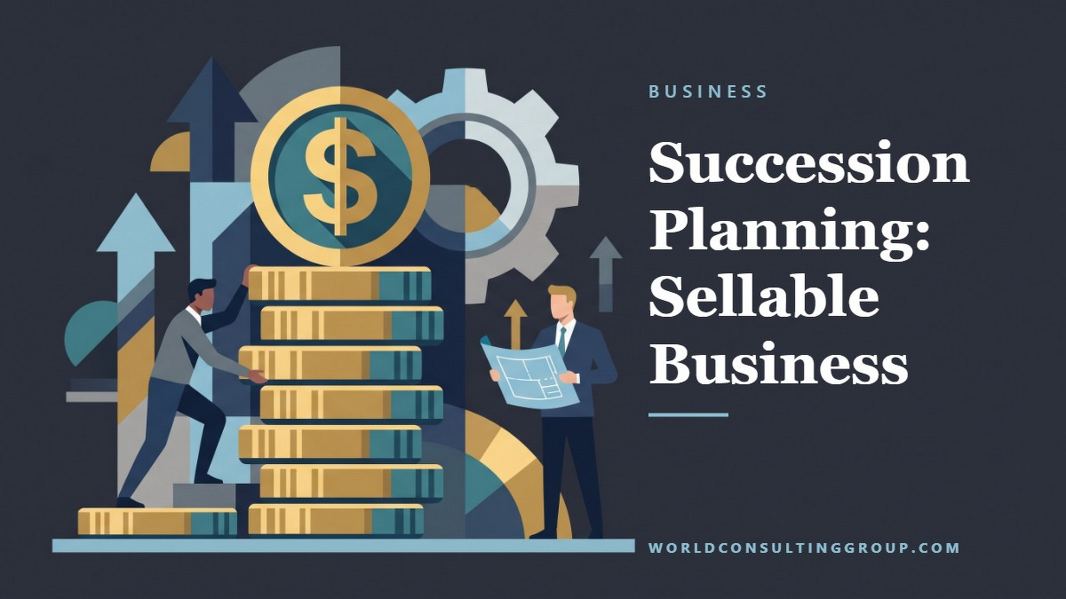 Social card for worldconsultinggroup.com: "Succession Planning: Sellable Business", flat-design graphic, slab layout, slate palette, dollar motif.