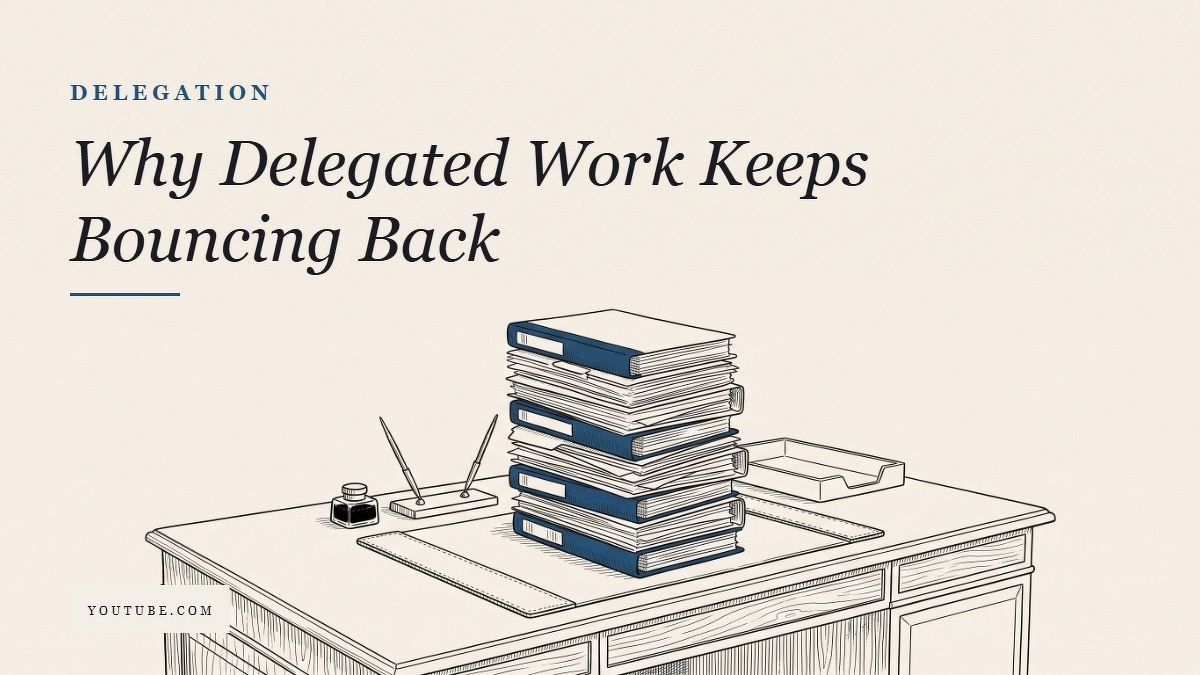 Social card for youtube.com: "Why Delegated Work Keeps Bouncing Back", flat-design graphic, split layout, slate palette, warning motif.
