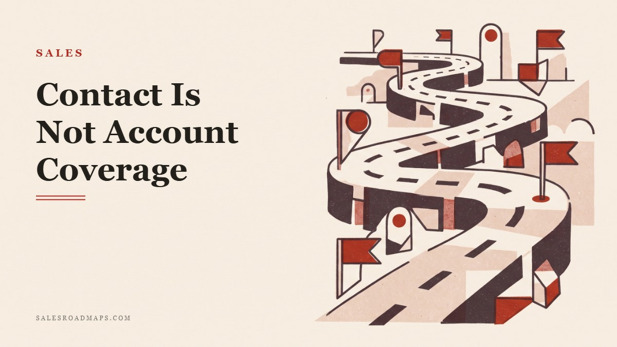 Social card for salesroadmaps.com: "Contact Is Not Account Coverage", flat-design graphic, split layout, slate palette, roadmap motif.