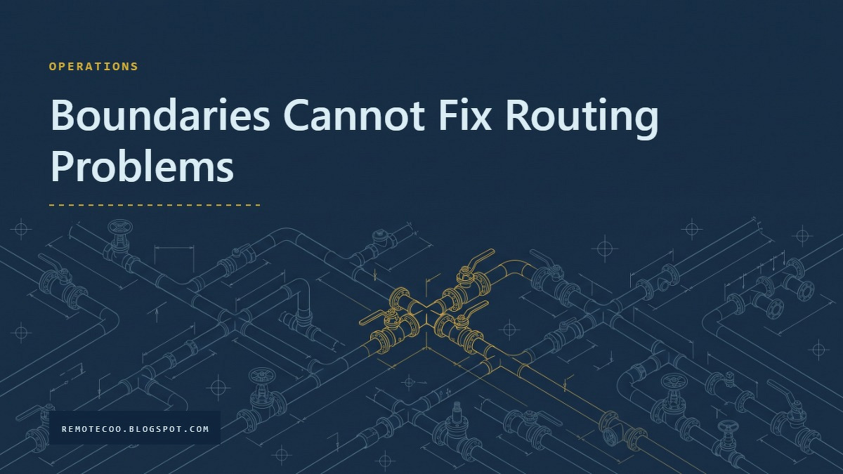 Social card for remotecoo.blogspot.com: "Boundaries Cannot Fix Routing Problems", flat-design graphic, split layout, teal palette, link motif.