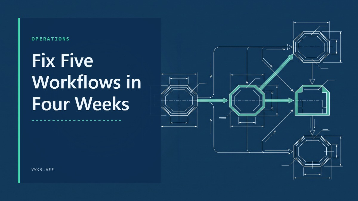 Social card for vwcg.app: "Fix Five Workflows in Four Weeks", flat-design graphic, split layout, link motif.