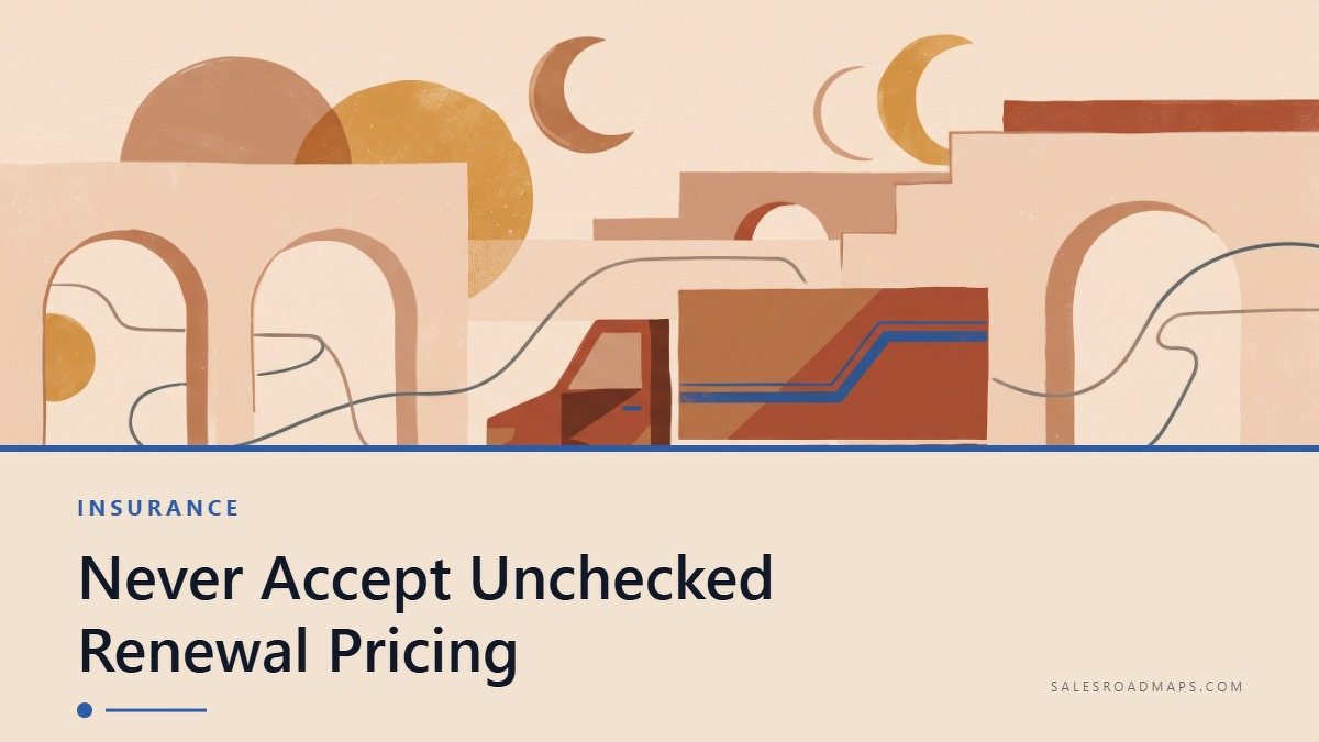 Social card for salesroadmaps.com: "Never Accept Unchecked Renewal Pricing", flat-design graphic, split layout, ink palette, truck motif.