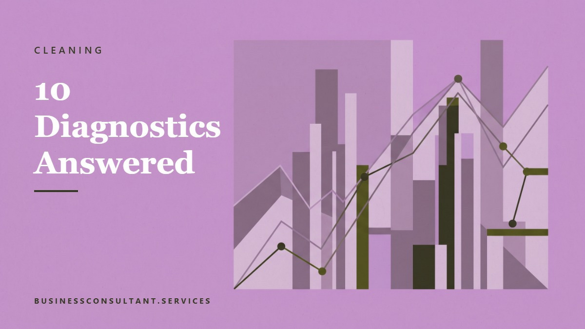Social card for businessconsultant.services: "10 Diagnostics Answered", flat-design graphic, split layout, slate palette, chart motif.
