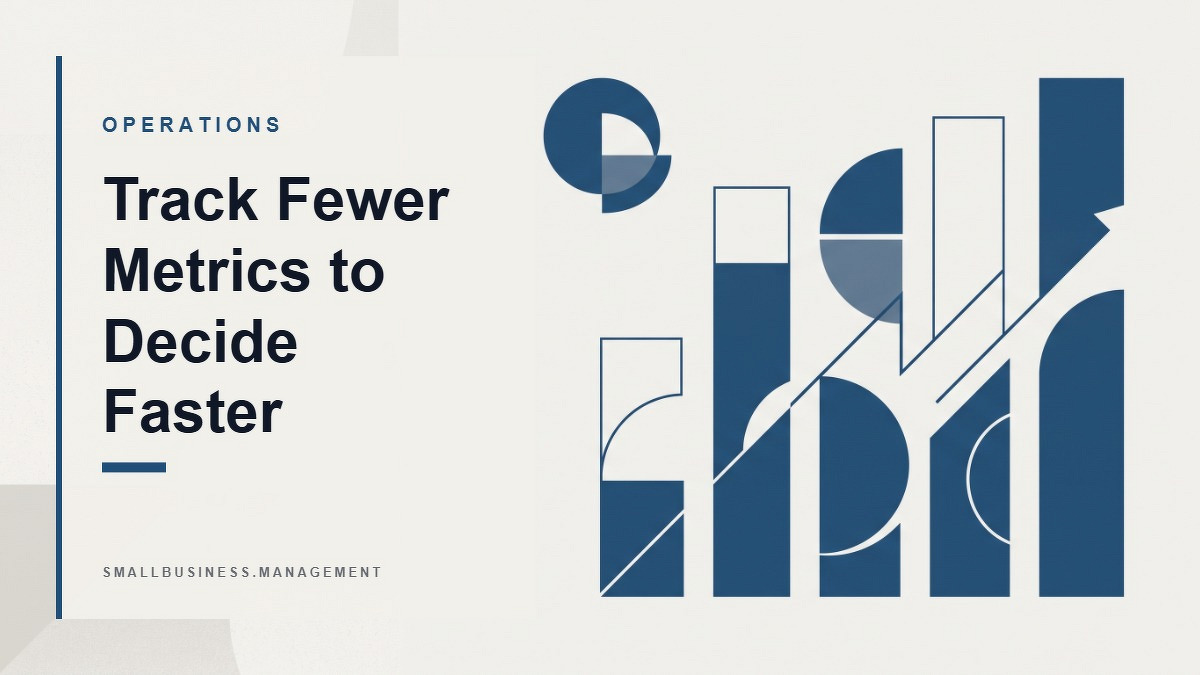 Social card for smallbusiness.management: "Track Fewer Metrics to Decide Faster", flat-design graphic, split layout, teal palette, chart motif.
