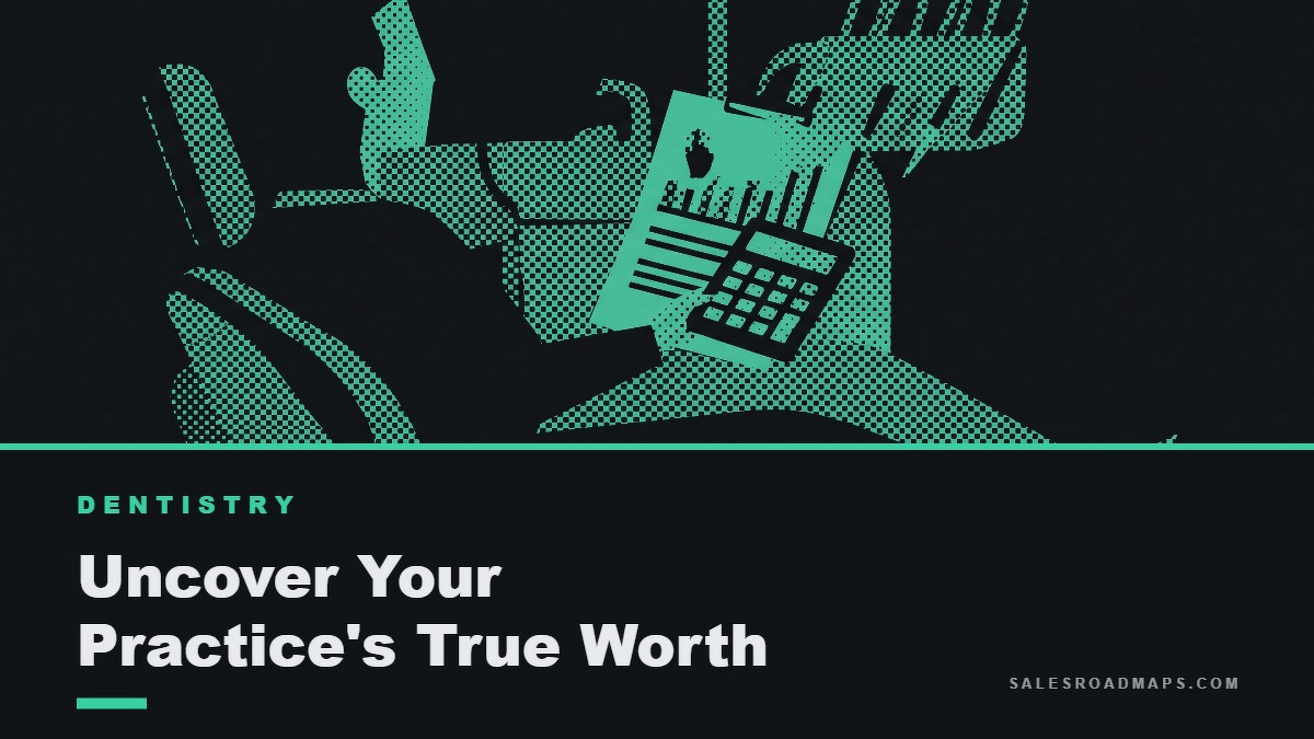 Social card for salesroadmaps.com: "Uncover Your Practice's True Worth", flat-design graphic, split layout, ink palette, chart motif.