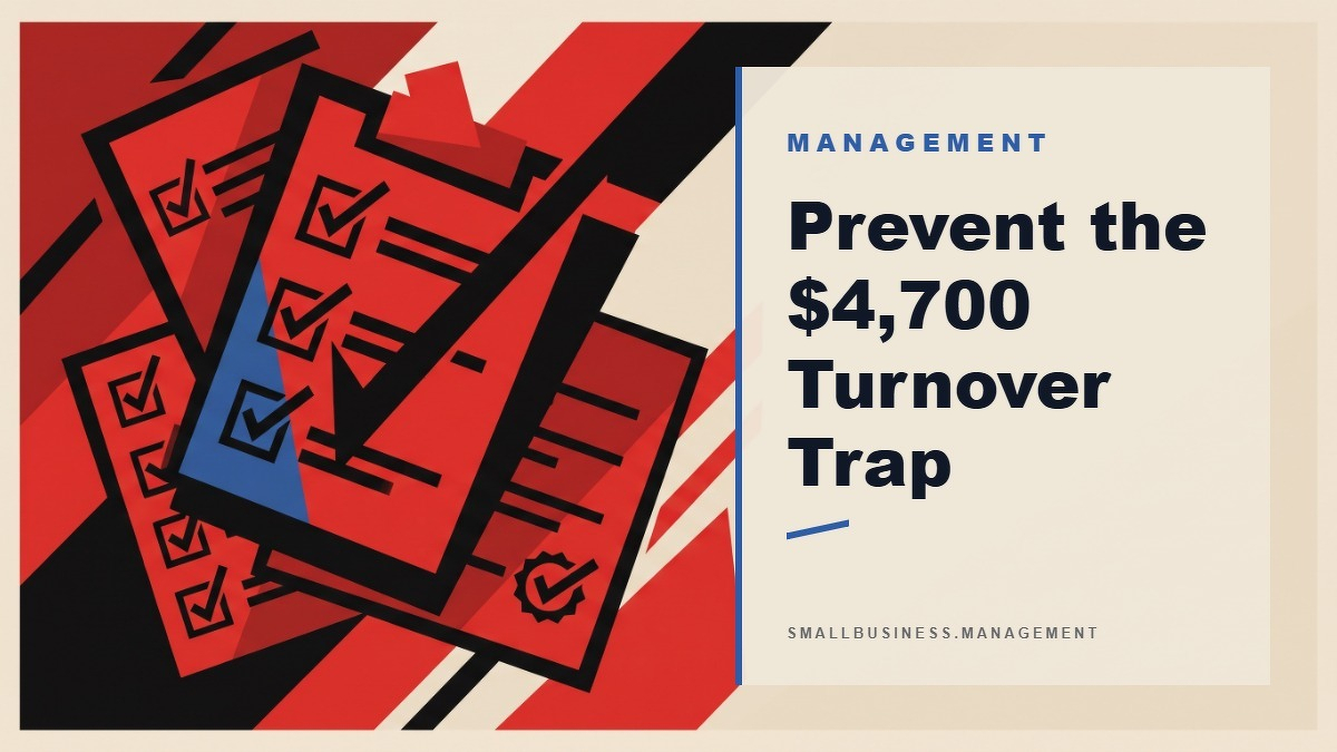 Social card for smallbusiness.management: "Prevent the $4,700 Turnover Trap", flat-design graphic, split layout, checklist motif.