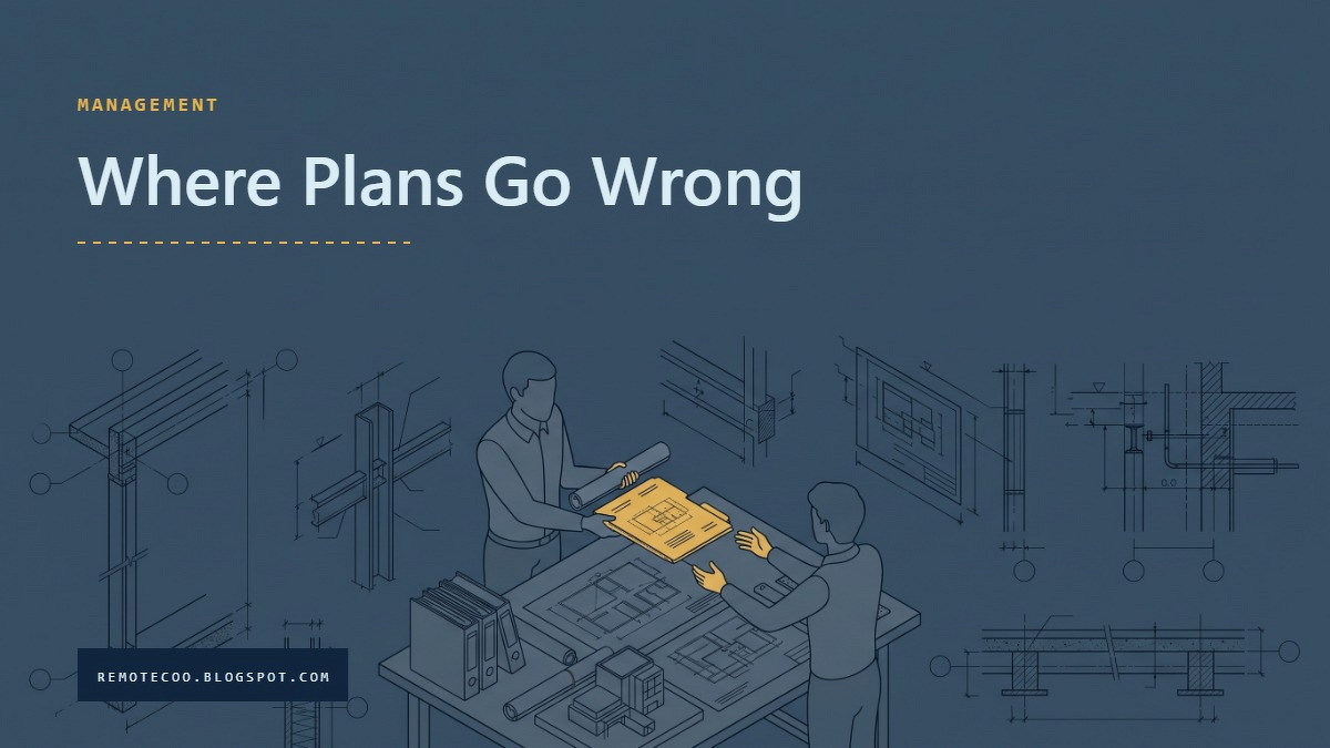 Social card for remotecoo.blogspot.com: "Where Plans Go Wrong", flat-design graphic, split layout, plum palette, warning motif.