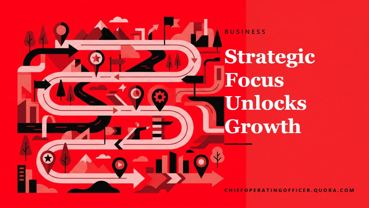 Social card for chiefoperatingofficer.quora.com: "Strategic Focus Unlocks Growth", flat-design graphic, split layout, teal palette, roadmap motif.
