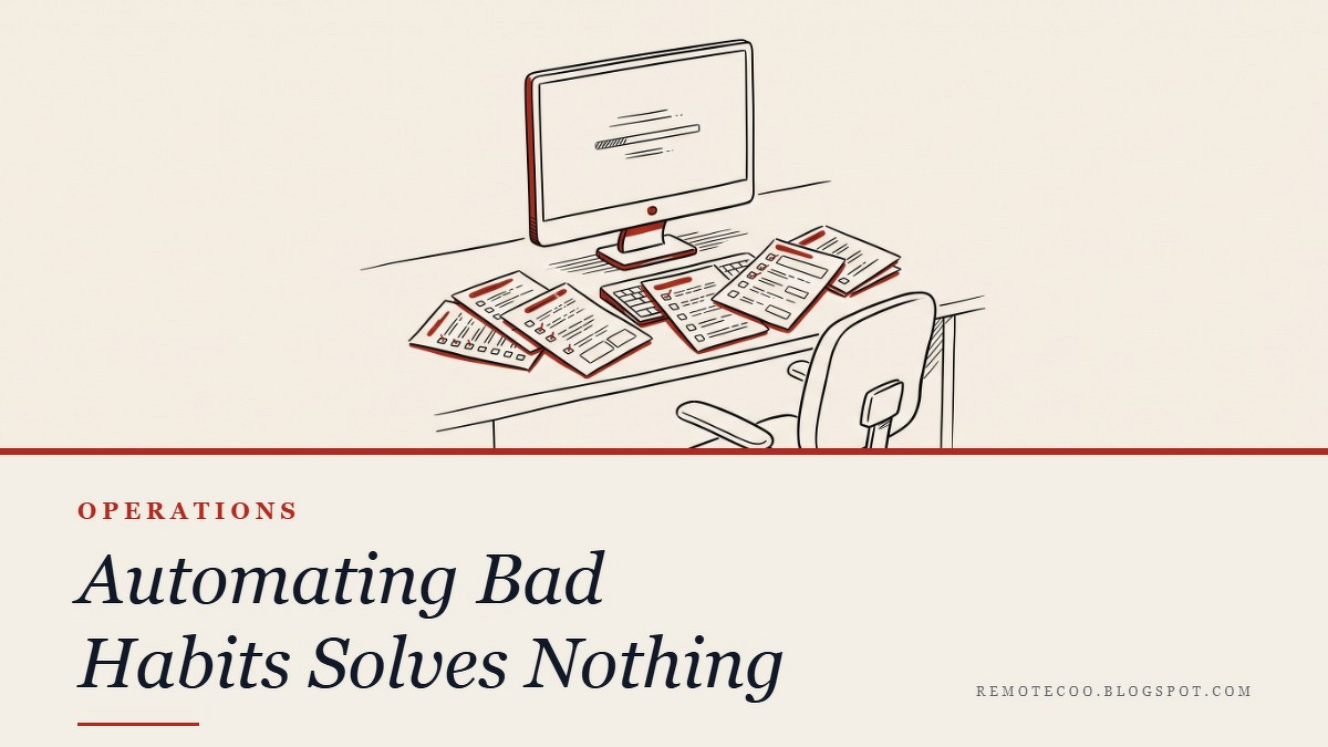Social card for remotecoo.blogspot.com: "Automating Bad Habits Solves Nothing", flat-design graphic, split layout, plum palette, warning motif.